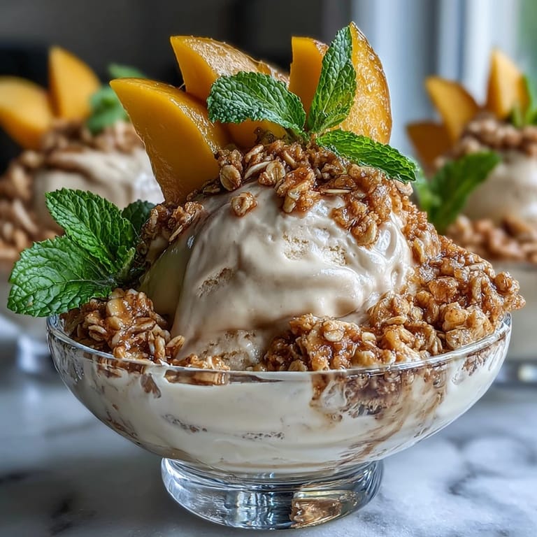 Wholesome vegan mango coconut ice cream bowls with toasted oats, garnished with fresh mango and mint for a vibrant, healthy dessert.