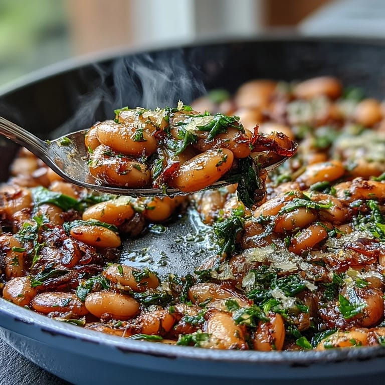 Golden cannellini beans simmered with garlic, lemon, and spinach in a single skillet for a quick, flavorful vegan meal.  