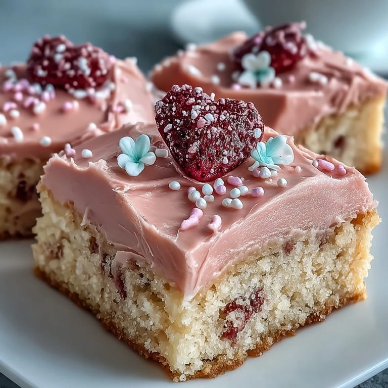 Buttery sugar cookie bars topped with vibrant pink strawberry frosting, perfect for sharing on a romantic occasion.