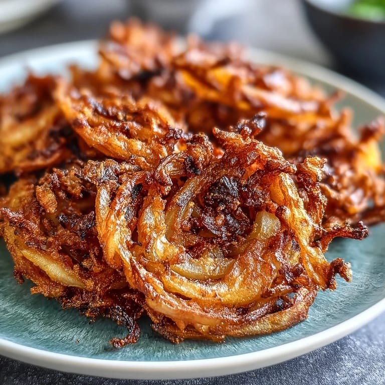 Crunchy air-fried onion bhajis bursting with Indian spices, served hot and golden for a guilt-free appetizer.
