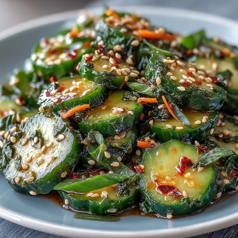 Crunchy cucumber ribbons and julienned carrots dressed in savory soy-ginger sauce, garnished with sesame seeds and spring onions for bold Asian flavor.