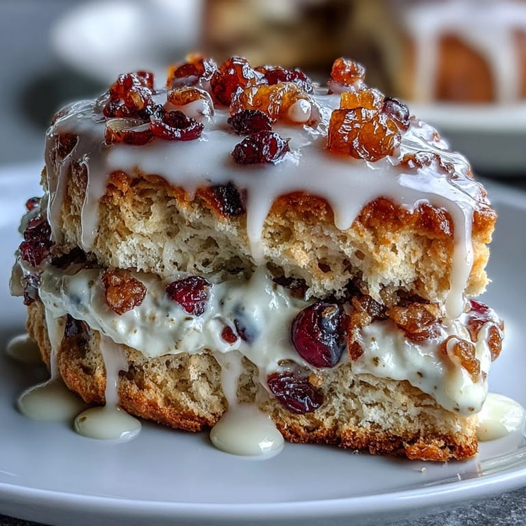 Warm, flaky scones loaded with candied orange and dried cranberries, drizzled with a bright citrus glaze for extra indulgence.