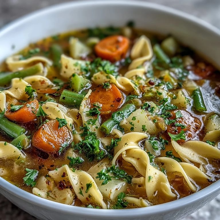 Hearty vegetable noodle soup featuring fresh green beans, diced potatoes, and fragrant herbs—a comforting meal for cold days.