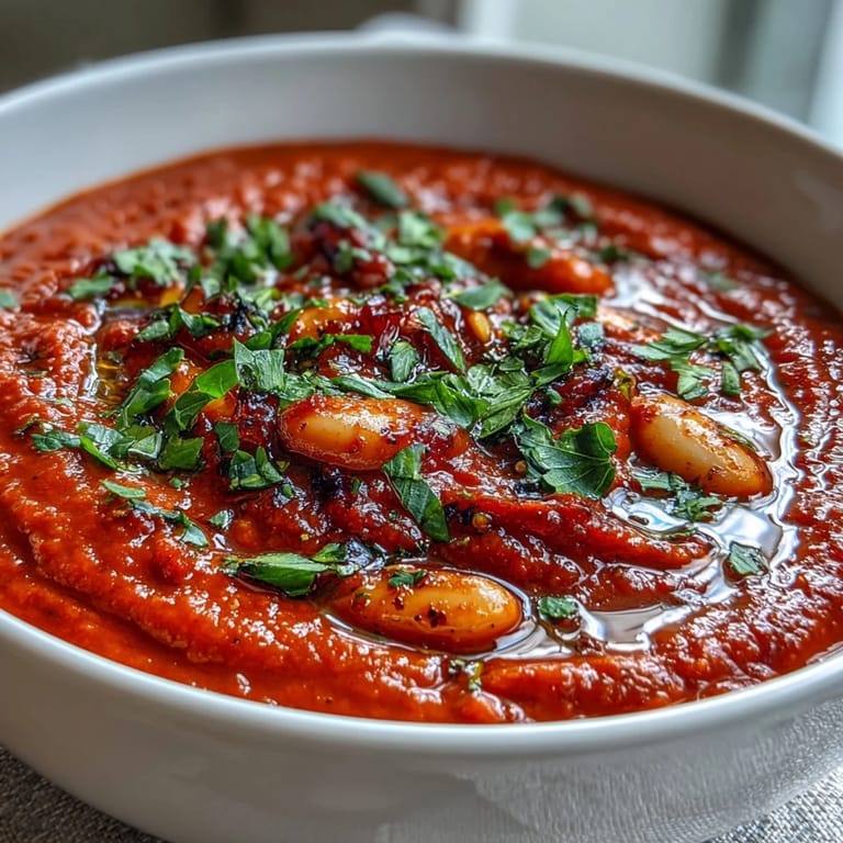Creamy roasted red pepper and white bean soup served with crusty bread for dipping.  
