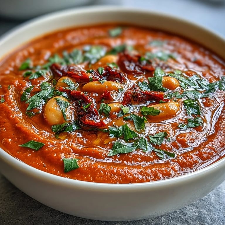Hearty roasted red pepper and white bean soup topped with olive oil drizzle and herbs.