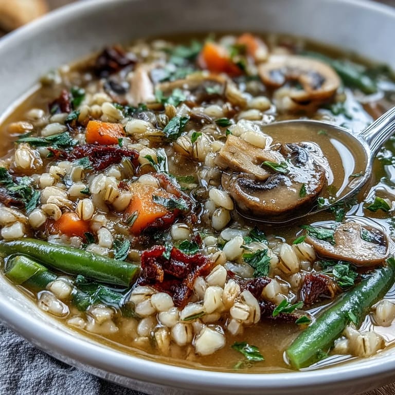 A hearty bowl of rustic vegetable barley soup, featuring sautéed onions, carrots, celery, and mushrooms simmered with pearl barley for comforting flavor.  