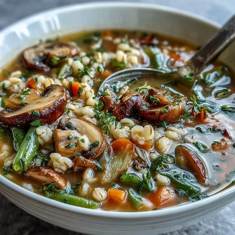 This rustic vegetable barley soup with mushrooms is packed with diced potatoes, zucchini, green beans, and aromatic herbs, perfect for a wholesome meal.