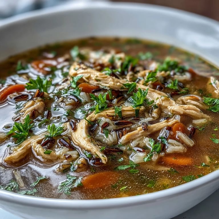 Creamy Chicken and Wild Rice Soup filled with shredded chicken, hearty wild rice, and fresh carrots — a comforting bowl for chilly days.