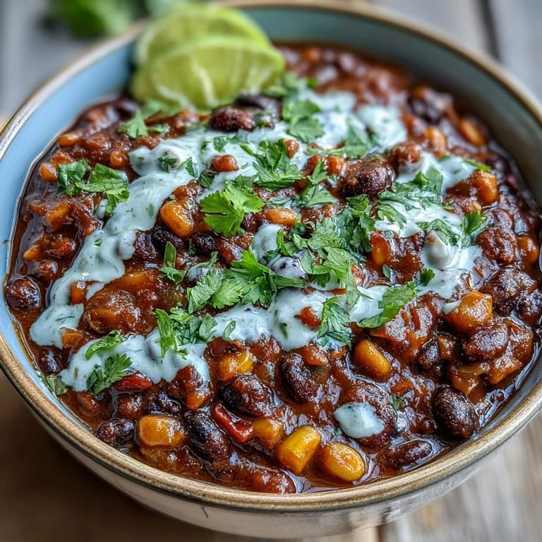 A steaming bowl of spicy black bean and corn chili with smoky paprika, vibrant vegetables, and a creamy lime crema drizzle.  