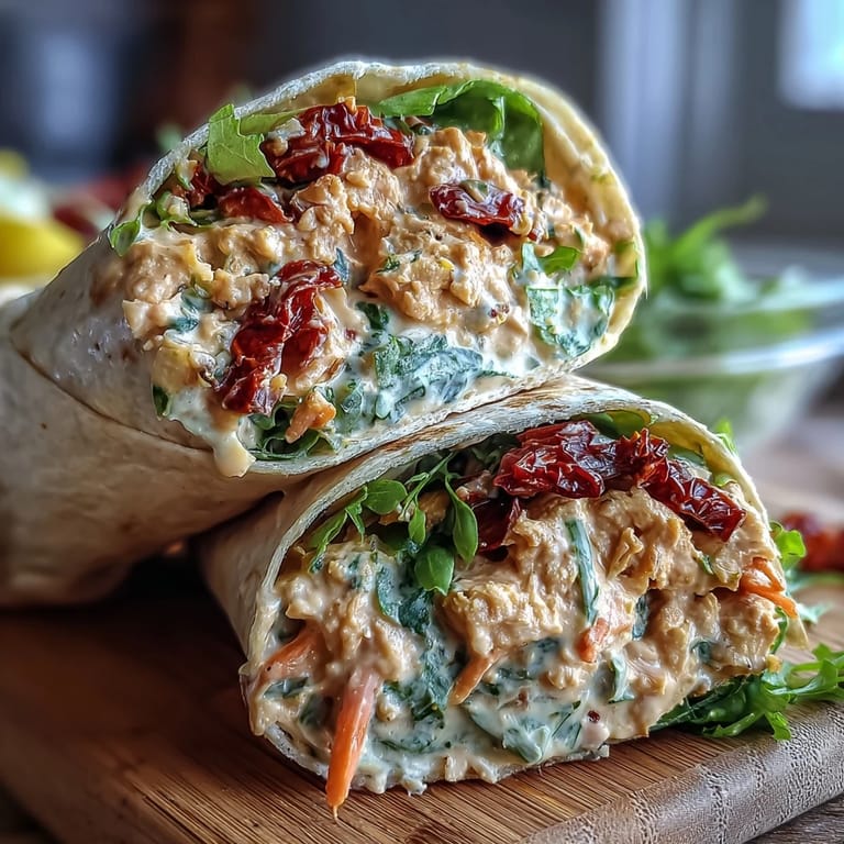Plant-based chickpea salad wraps bursting with flavor from sun-dried tomatoes, fresh herbs, and crisp vegetables, perfect for healthy lunches.