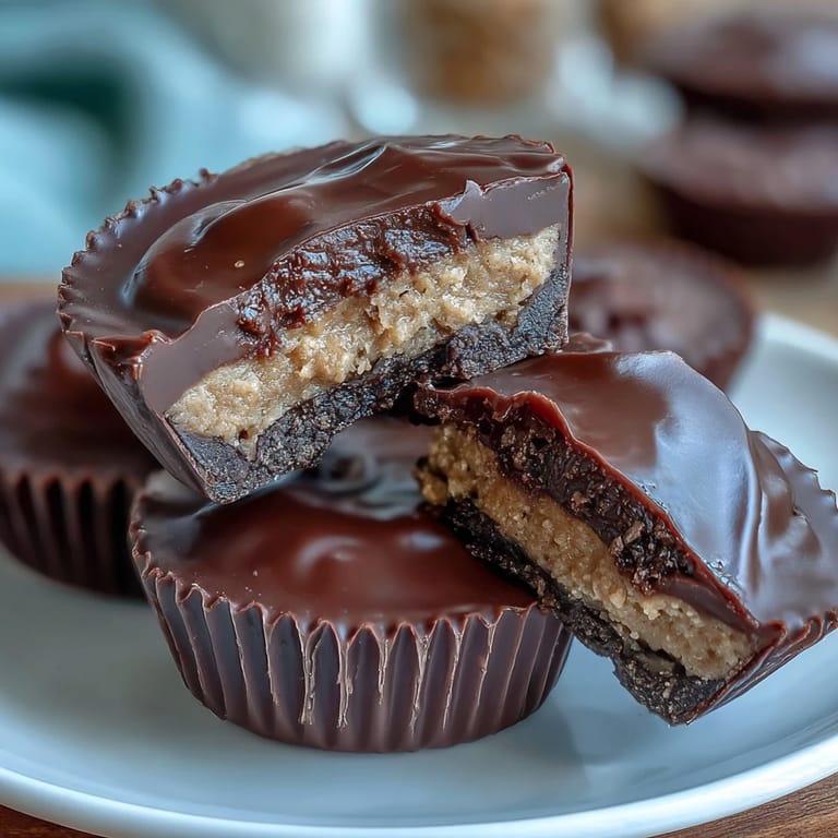 Decadent homemade peanut butter cups featuring a smooth vanilla Greek yogurt center and dark chocolate coating.  