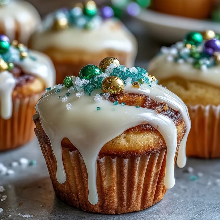 Cinnamon-swirled mini cupcakes inspired by New Orleans King Cake, decorated with green, purple, and gold sugar.