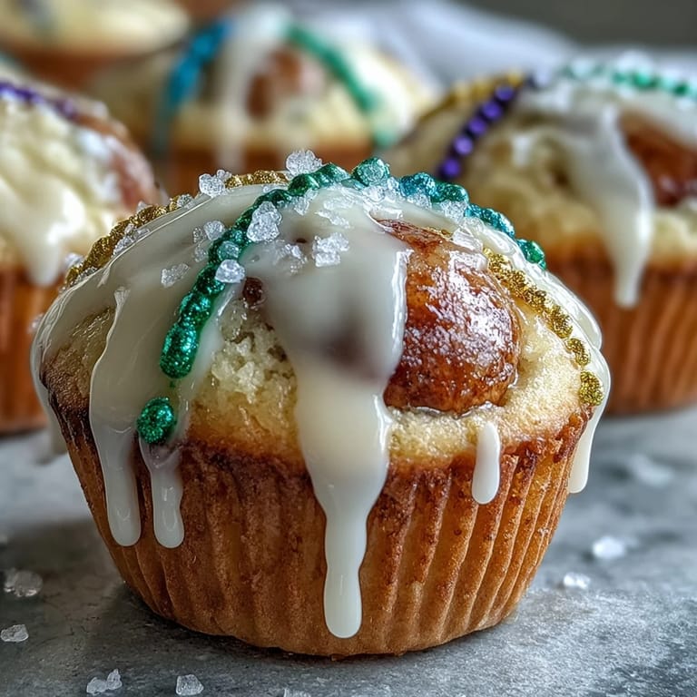 Bite-sized King Cake cupcakes with vanilla glaze and traditional Mardi Gras colored sugar sprinkles for celebration.