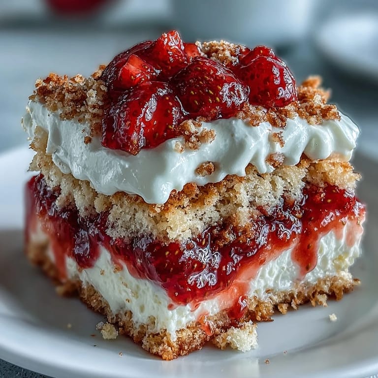 A homemade strawberry shortcake dessert features tender buttermilk biscuit layers filled with sweet strawberries and freshly whipped vanilla cream.