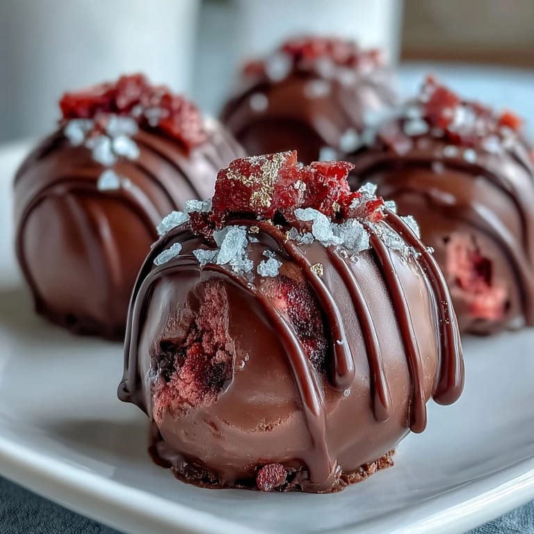 Decadent dark chocolate truffles rolled in crushed freeze-dried strawberries and topped with shimmering gold flakes, inspired by Dubai's opulent dessert culture.