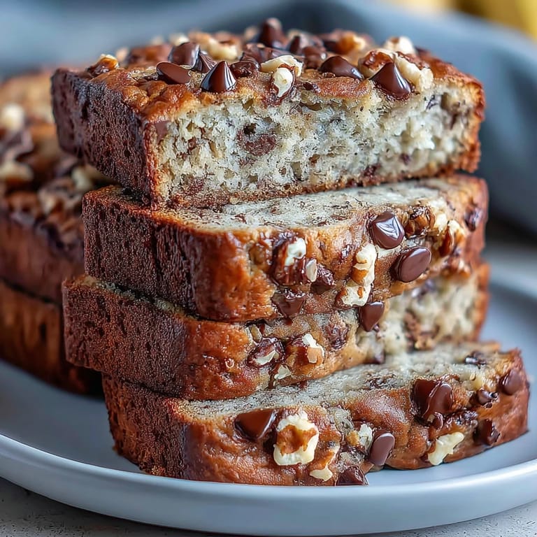 Golden-baked protein banana bread filled with gooey chocolate chips and chopped nuts, offering a delicious, healthy twist on classic banana bread.