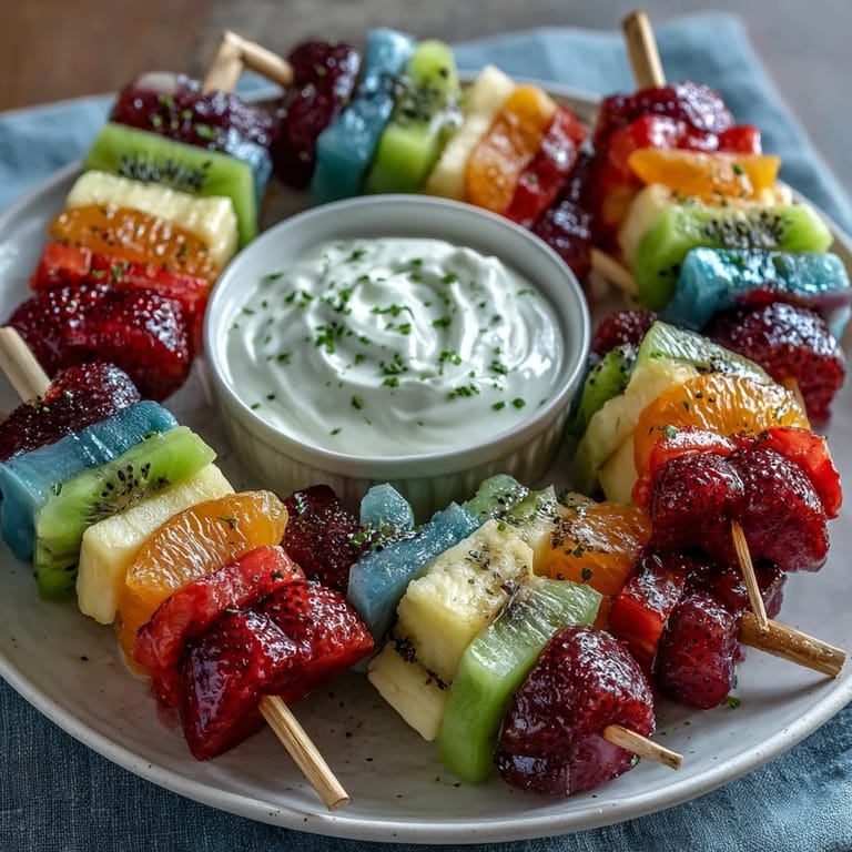 Fresh, festive fruit kabobs in rainbow hues—strawberries, oranges, pineapple, grapes, and blueberries—paired with a tangy honey-lime yogurt dip for St. Patrick's Day fun.  