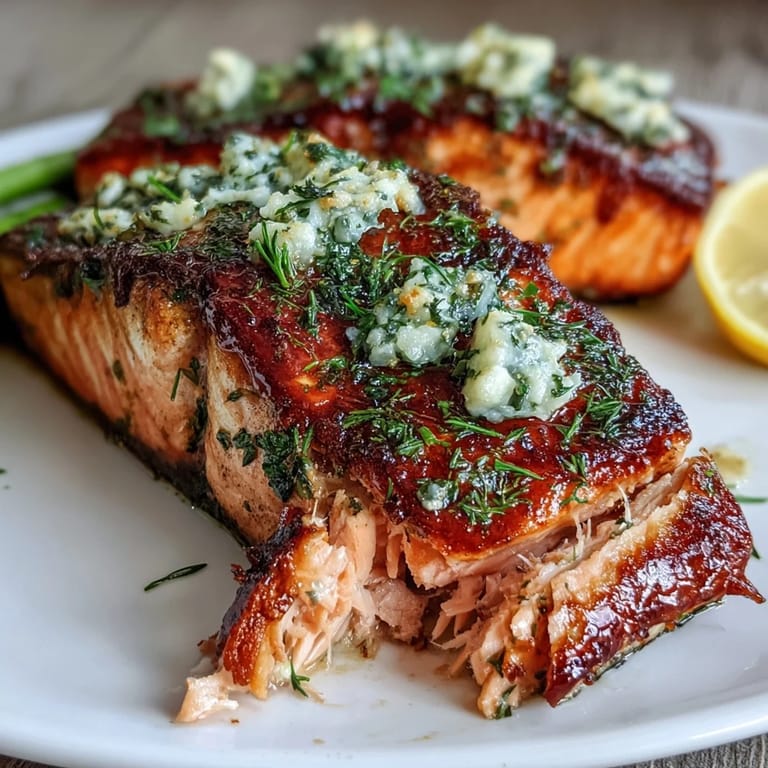 Golden herb-crusted salmon and bright green asparagus, fresh from the oven, garnished with chopped parsley and lemon wedges.