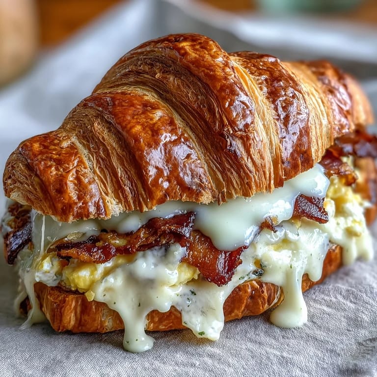 Golden croissants stuffed with creamy eggs and gooey cheese, perfect for a quick and indulgent morning meal.