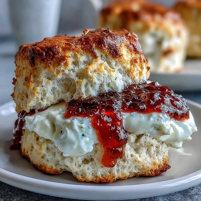 Tender British scones served with a generous dollop of clotted cream and sweet raspberry jam for an elegant tea spread.  