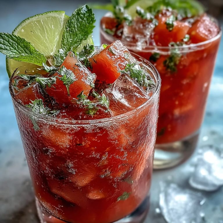 Refreshing watermelon mint spritz mocktail served with lime slices and sparkling water.