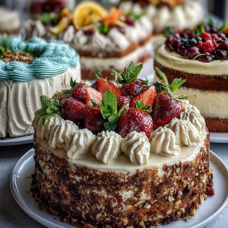 Elegant spring dessert spread with moist carrot cake, airy pavlova with fresh fruit, and tangy lemon tart for Easter.
