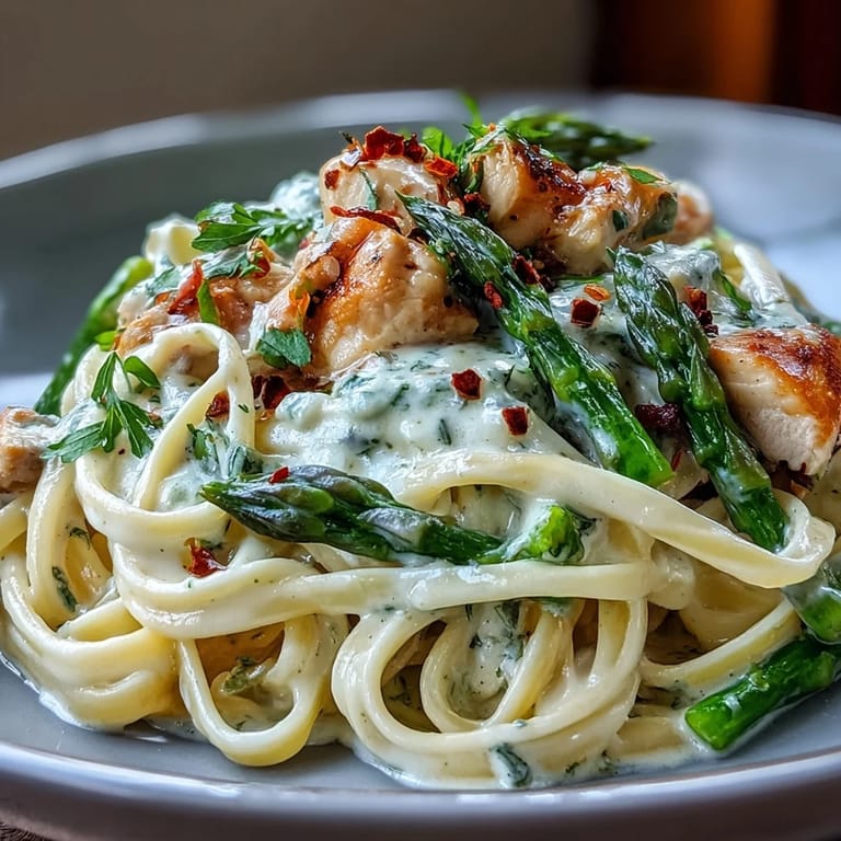 Tender chicken and crisp, oven-roasted asparagus tossed in a creamy Asiago sauce with perfectly cooked linguine.