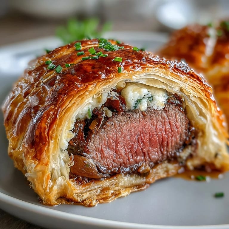 Crispy, golden Individual Beef Wellington parcels reveal juicy beef filet and rich mushroom duxelles wrapped in flaky puff pastry.