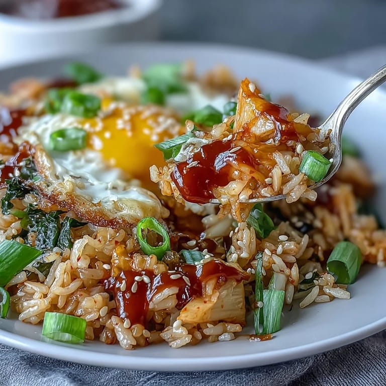 Spicy kimchi cabbage fried rice topped with a runny egg, served in a steaming bowl—savory, aromatic, and perfect for quick dinners.