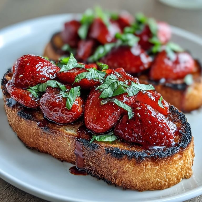 Vibrant strawberry balsamic bruschetta appetizer bursting with sweet, tangy flavor.