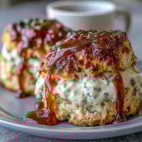 Golden scones infused with floral dandelion honey, served warm with a generous dollop of clotted cream—perfect for a spring afternoon tea.