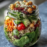A colorful stack of healthy mason jar salads layered with greens, quinoa, and cherry tomatoes for easy meal prep.