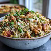 Hot Egg Roll Fried Rice with chicken, cabbage, and carrots piled high in a white bowl, garnished with green onions and sesame seeds.
